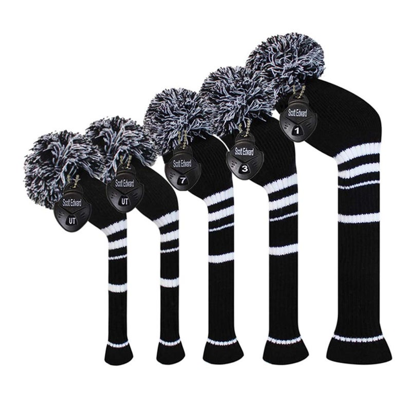 Scott Edward Black White Stripes Golf Headcover Set of 5 PCS, Driver Wood Cover *1, Fairway Wood Cover *2, Hybrid Cover * 2, with Rotating Number Tags. - Image 1